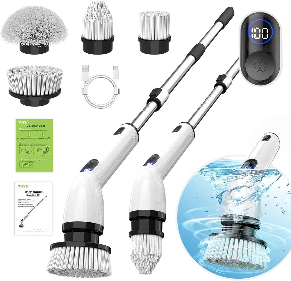 TUYU Electric Spin Scrubber with Adjustable Handle and LCD Display for Bathroom and Kitchen Cleaning