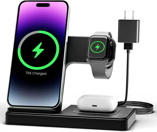 3 in 1 Wireless Charging Station Stand for iPhone Apple Watch and AirPods Multiple Device Charging Dock